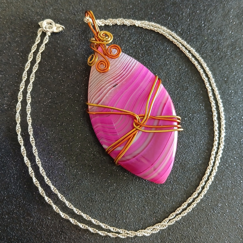 Pink agate copper gold wire wrapped sterling silver necklace new handmade 22"